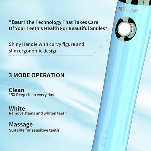 Bauri S6 Rechargeable Electric Toothbrush, Powerful Clean 6 Brush Head, Blue - Picture 5 of 7