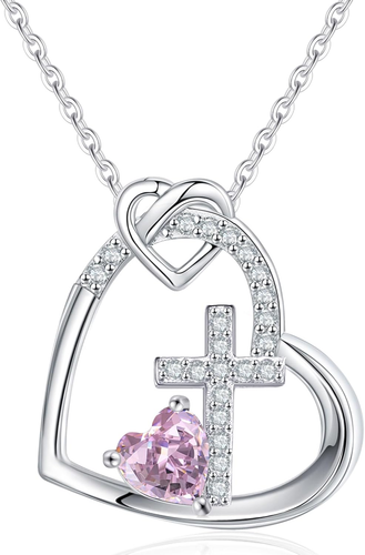 Cross Necklace Christian Gifts for Women Heart Birthstone Necklace Religious Bir - Picture 10 of 12