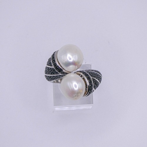 Kwan Collections Sterling Silver Pearl CZ Black Spinel Bypass Ring Size 8.5 - Picture 7 of 10