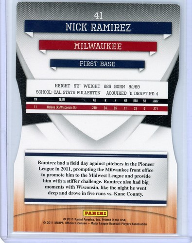 2011 Elite Extra Edition Nick Ramirez Brewers Aspirations Die Cut #029/200! - Picture 2 of 2