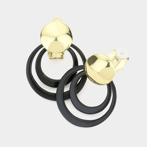 Trendy 1 1/2" shiny gold and black painted double hoop dangle earrings - Picture 3 of 4