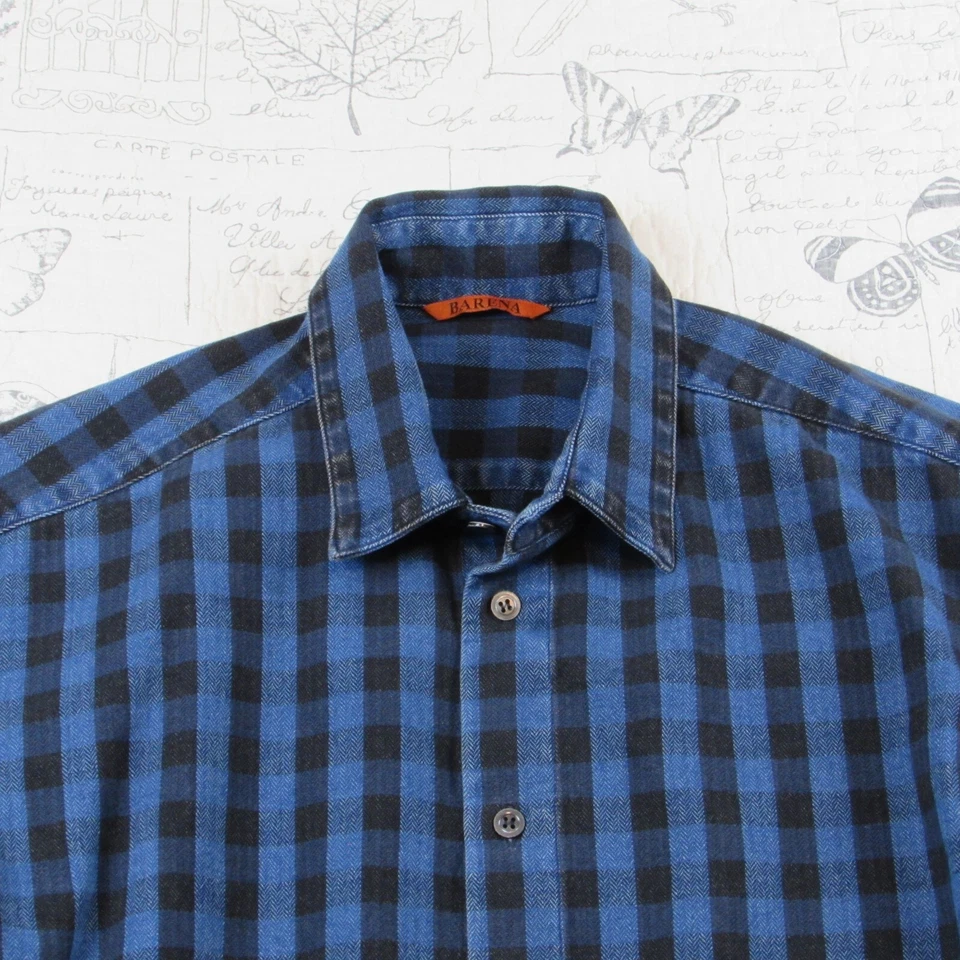 Camisa Barena Venezia Para Hombres Azul Negra Cuadros Larga Slv Botón Algodón Denim 50 EE. UU. L Foto 3 de 4