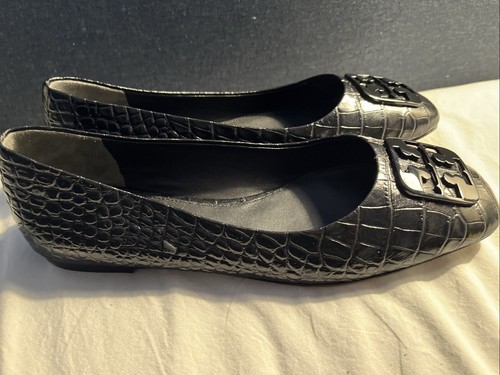 Tory Burch Ballet Flats Georgia Croc-embossed Black Leather Size 7 New Dustbag - Picture 3 of 6
