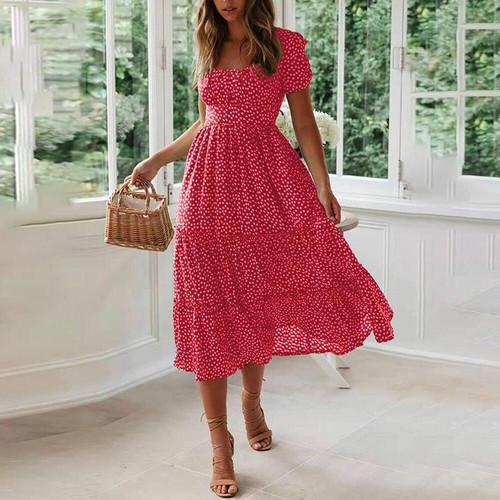 Womens Floral Boho Midi Dress Kaftan Ladies Ruffle Summer Beach Swing Sundress - Picture 18 of 22