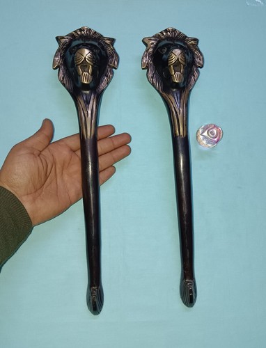 14.7" Inch Roaring Lion Door Handle Pair Brass Jungle Beast Door Grab Pull DM009 - Picture 3 of 10