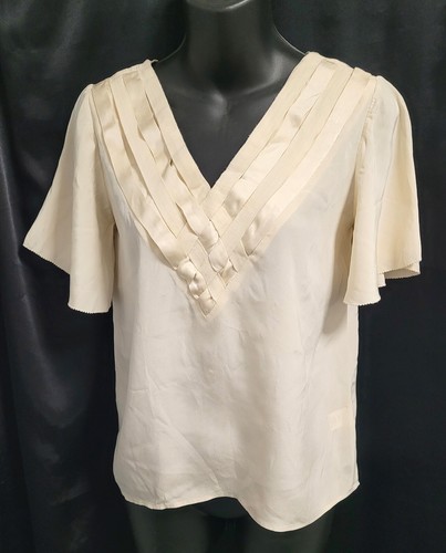 SABA Cream Braided V-Neck Silk Blouse Top Size 8 Near New