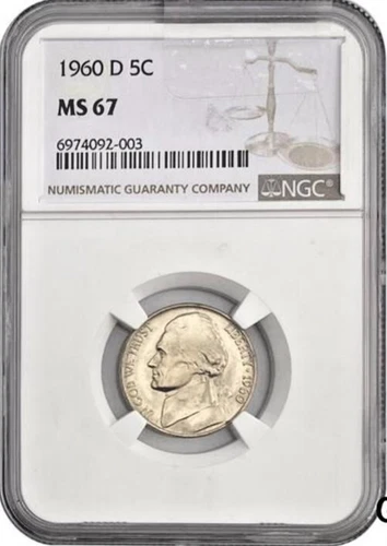 1960-D Jefferson Nickel 5C NGC MS67.  LOW SHIPPING!!  Very Rare!