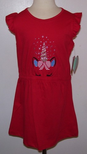 Girls Four Hearts Red White Blue Silver Star Unicorn Dress July 4th Sz 4