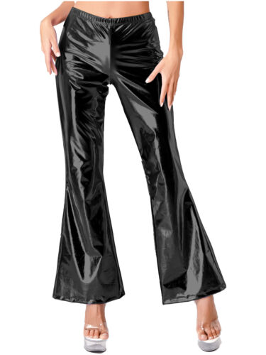 FEESHOW Womens Metallic Shiny Bell Bottom 70s Disco Pants Glossy Sparkly AU - Picture 10 of 41