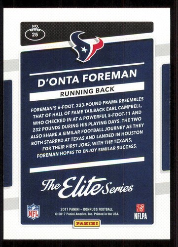 2017 Donruss The Elite Series Rookies D'ONTA FOREMAN RC #25 HOUSTON TEXANS 🏈 - Picture 2 of 2