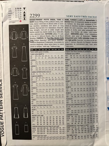 Vogue Sewing Pattern 2299 A-Line Dress Tunic Skirt Easy Options 14-18 - Bild 2 von 2