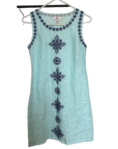 Vineyard Vines Dress Dobby Linen Shift Size 2 Embroidered Beaded Easter Preppy