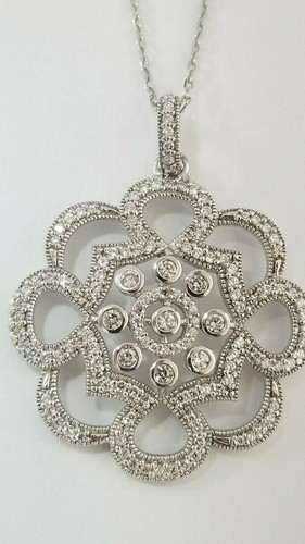 Große CZ Blume Halskette rund gewelltes Design Sterlingsilber 18" Kette  - Bild 3 von 9