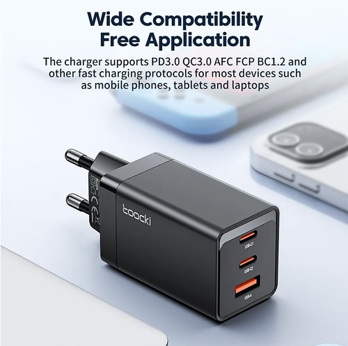 Adaptateur Secteur Chargeur Rapide USB Type C 67W GaN Tech PD4.0 + USB A Toocki - Photo 3/7