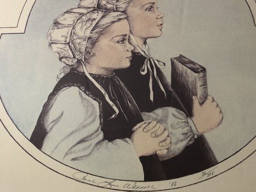 1986 CAROL WADDELL LITHO PRINT GIRLS BONNET BIBLE PRAYING SIGNED /375 AMISH - Picture 3 of 8
