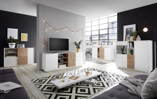 Highboard Schrank Kommode weiß matt Eiche Dekor Türen Schubladen Jamaik 122 cm - Bild 6 von 6