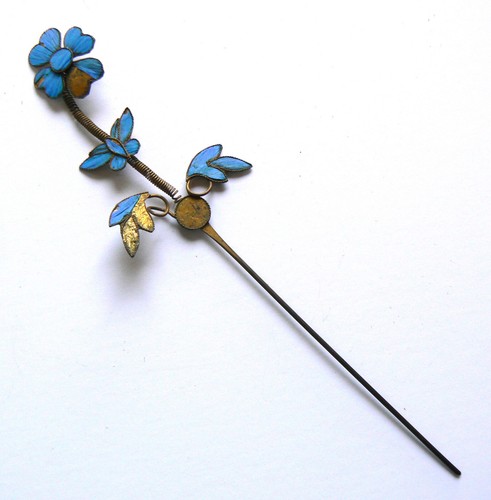 Pin de pelo pluma martín pescador dinastía Qing antiguo DE COLECCIÓN azul Tian-tsui 點翠  - Imagen 1 de 2