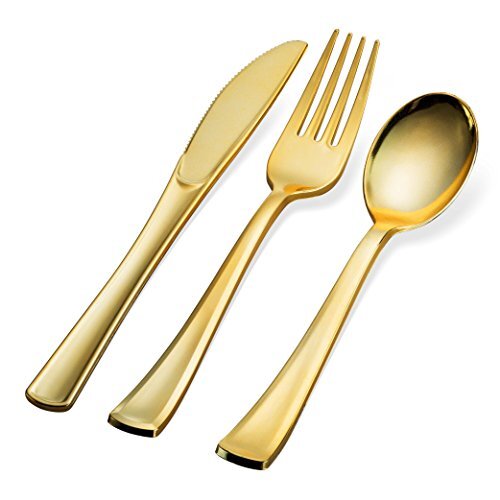 300 Gold Disposable Plastic Flatware Set - 100 Forks, 100 Spoons, 100 Knives - - Picture 3 of 7