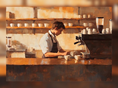 Thoughtful Barista Scene 5"x7" Print on Matte Paper | Warm Impressionist Artwork - Picture 4 of 7