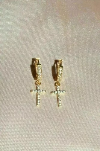 3 kt Rundschliff Lab Created Diamant Kreuz Ohrringe 14 K Gelbgold vergoldet Silber - Bild 3 von 6