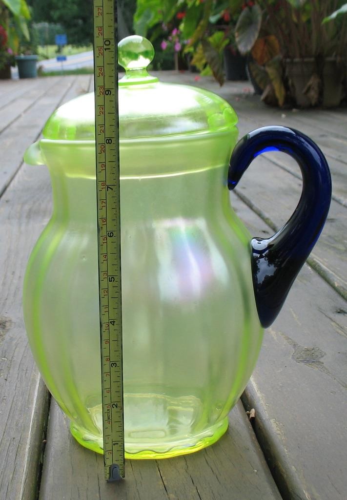 FENTON "TOPAZ" VASELINE STRETCH GLASS BULBOUS PITCHER with COBALT HANDLE