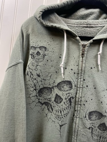 Vintage Y2K Crazy Grunge Skulls Hoodie Men’s Large Green Raver Jnco Style - Bild 2 von 6