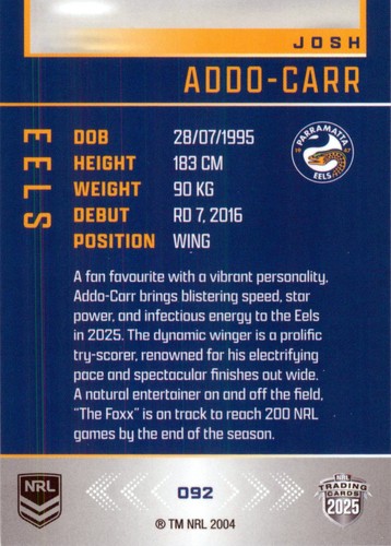 2025 Parramatta Eels NRL TLA Elite Card - Josh Addo-Carr - Picture 2 of 3