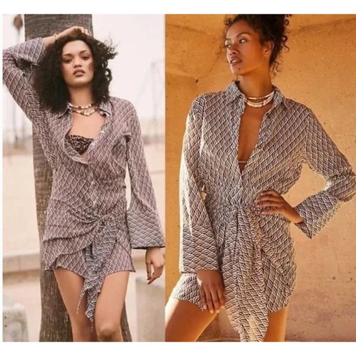 Free People Rillo Dress Sz Small Brown White Button Up Tie Front Shirt Dress NEW - Picture 1 of 8