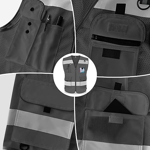 Mesh grau Sicherheitsweste für Herren Damen 9 Taschen hoch groß grau Mesh-Bison 03 - Bild 5 von 6