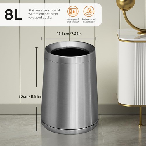8L/2.1GAL Small Stainless Steel Trash Can,Small Bathroom Garbage Can,Open Top... - Picture 6 of 7