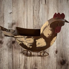 Metal Rooster Sculpture Planter Rustic Country Decor Vintage Brown & Ivory
