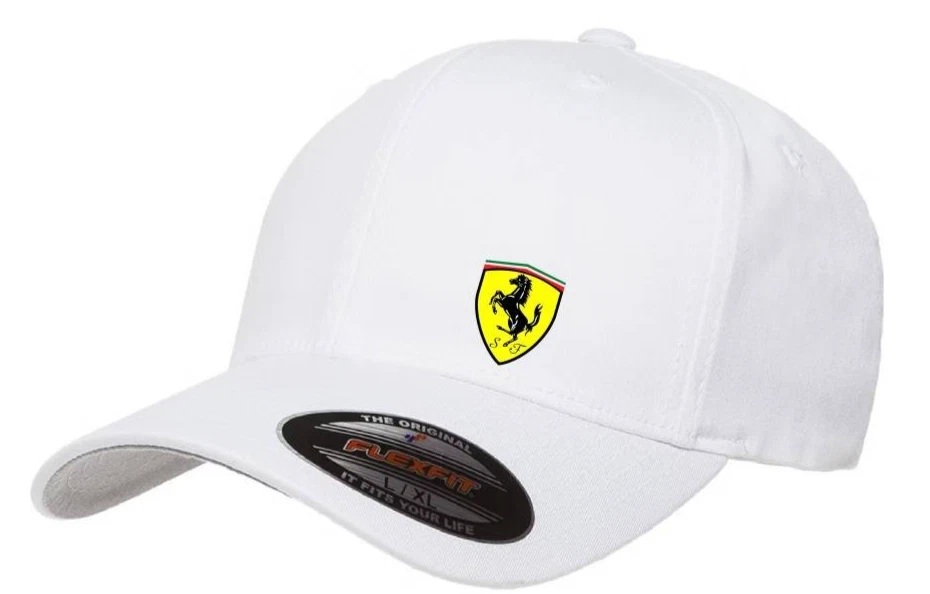 Ferrari Car Logo Cap DTF White 5001 Flexfit Baseball Hat S/M and L/XL