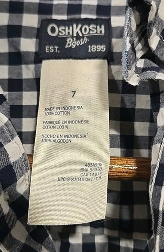 Osh Kosh Boys 7 Blue Gingham Plaid Button Up Collar Shirt Blue Casual Preppy - Picture 2 of 3