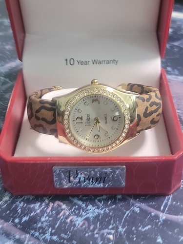 Vivani Quartz Watch/Cuff Hinge/ Cheetah Print W/ Gold & Crystal Face/NEW/ READ - Picture 2 of 15