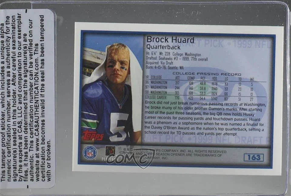 CAS Certified 1999 Season Opener NFL Draft Pick Brock Huard Sealed Rookie RC - Image 2 of 2