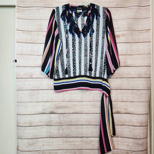 Diane Freis Blouse Tunic Georgette Striped Geometric Boho Black White VTG Size L - Picture 1 of 19