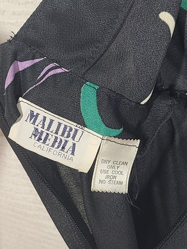 1970s Black Iris Dress Strappy Back Disco Rayon Crepe Malibu Media Vintage Rare  - Picture 3 of 13