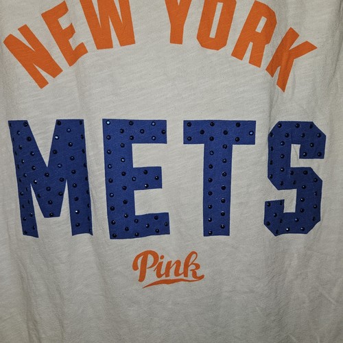 Victorias Secret PINK MLB NY Mets Womens Shirt Size Large Bling Baseball Shirt - Picture 2 of 4