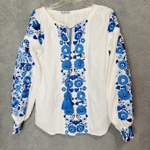Plahta M Ukrainian Vyshyvanka Blouse White Linen Blue Floral Embroidery Handmade - Picture 10 of 15