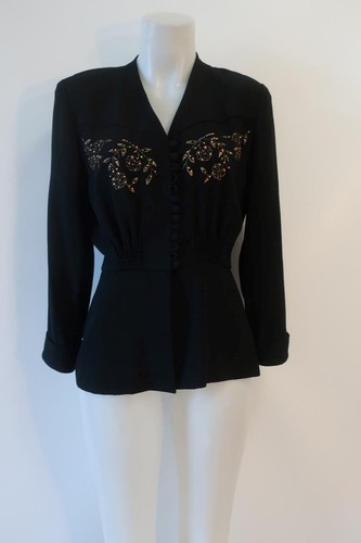 Womens Zelda Black Embroidered Floral Beaded Motif Peplum Jacket Blazer 6 - Picture 4 of 8