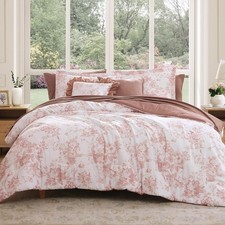 Queen Comforter Set -7 Pieces Pink Floral Comforter Set All Seasons Bed in a Bag