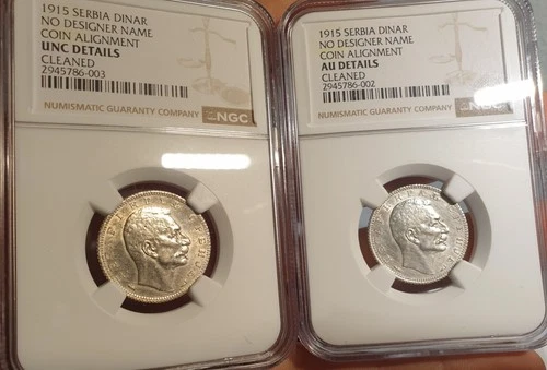 2x 1915 Serbia Dinar No Designer Name  NGC Unc/Au Details