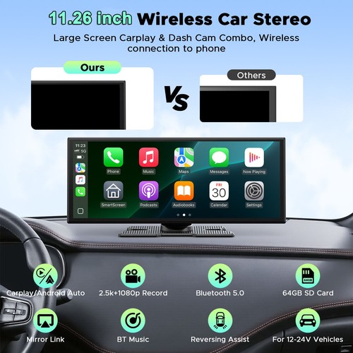 2.5K Dash Cam 11.26" Car Stereo For Apple Carplay&Android Auto AirPlay GPS +Cam - Picture 2 of 9