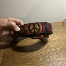 Vintage Leather Peace Belt Embossed Painted 30  Hippie