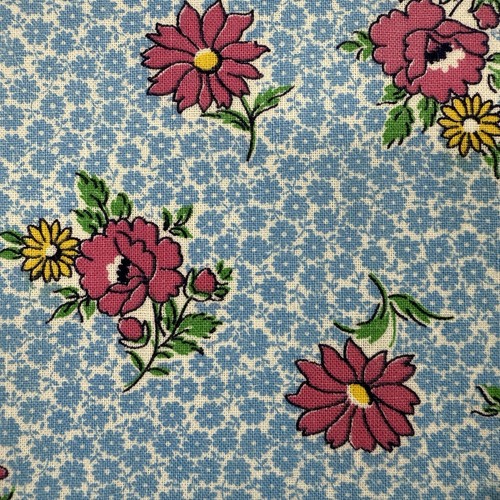 Vtg Floral Feed Sack Petite Blue Flowers Pink Yellow Green White 36" x 33" - Bild 5 von 11