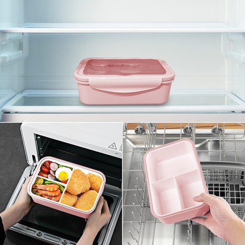 Newpop Lunch Box 1400ml 3 Scomparti Forchetta Cucchiaio Porta Pranzo Bento Rosa - Foto 7 di 9