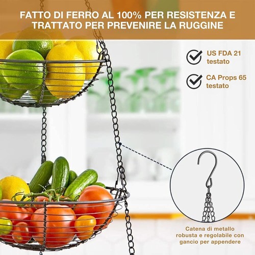 3 Tier Hanging Fruit Basket Metal 12.4" Adjustable Kitchen Organizer Space Saver - Picture 7 of 11