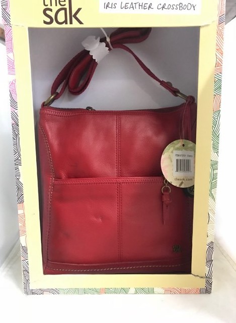 The Sak Iris Cherry Red Pebbled Leather Crossbody Womens Handbag New The Sak Iris Leather Medium Size Crossbody Bag Cherry