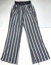 Rewash Striped Stretch Waist Chambray Blue Wide Leg Linen Blend Pull-on Pants M