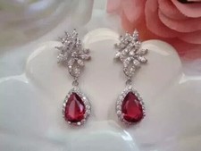 1.80Ct Lab Created Ruby Pear Cut Halo Drop/Dangle Earrings 14K White Gold Plated